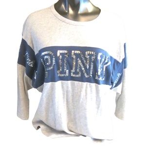 Victoria's Secret PINK Light Grey w/ Silver Sequins Boyfriend Jersey Tee SMALL